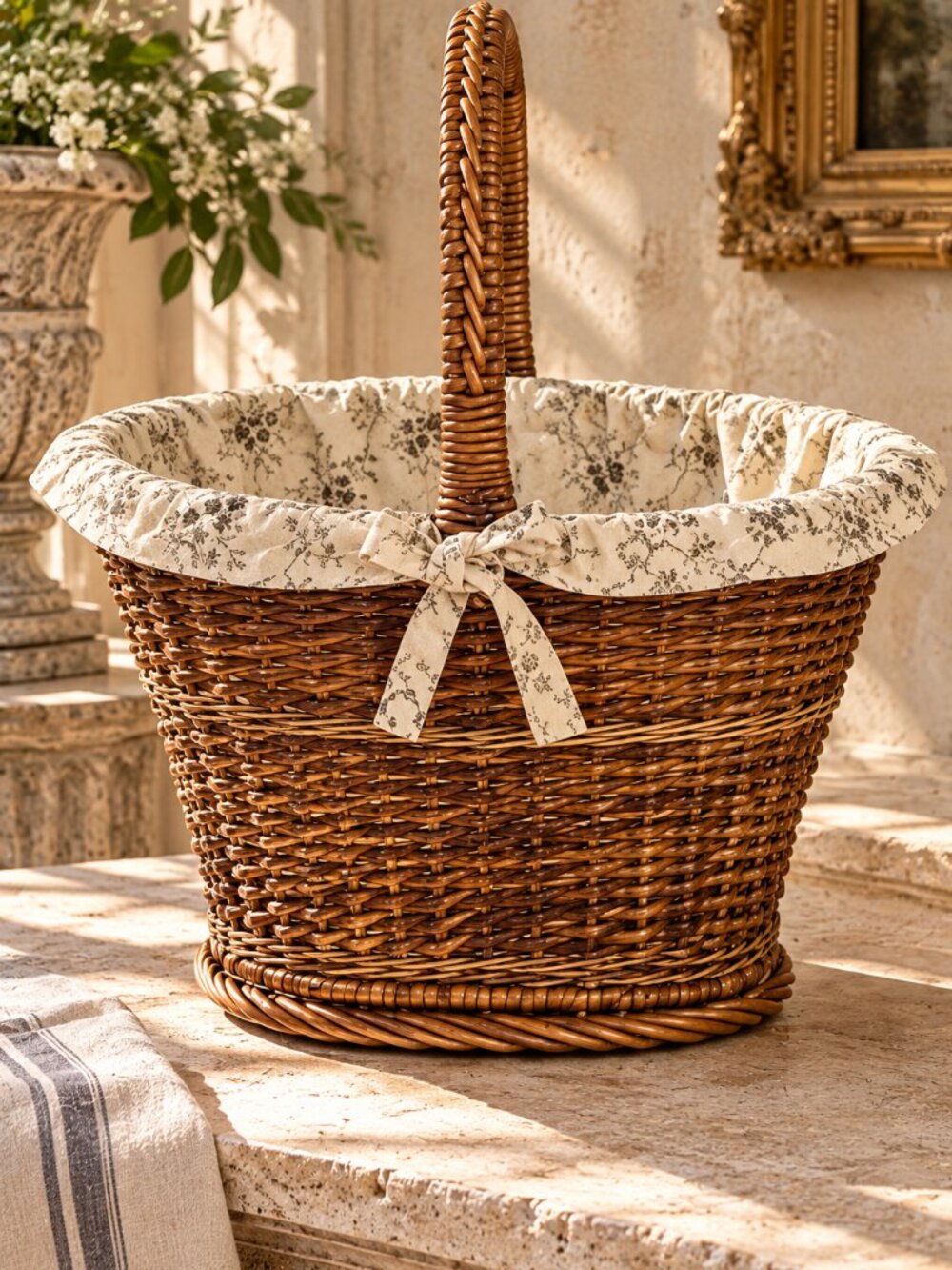 Vintage Handwoven Wicker Basket With Waterproof Creamy Toile Floral Liner